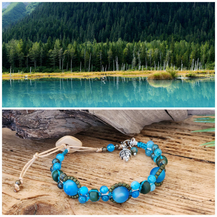 This is a collage style photo of the Blue Alaskan Lake Macrame Bracelet beside the inspiration photo. 