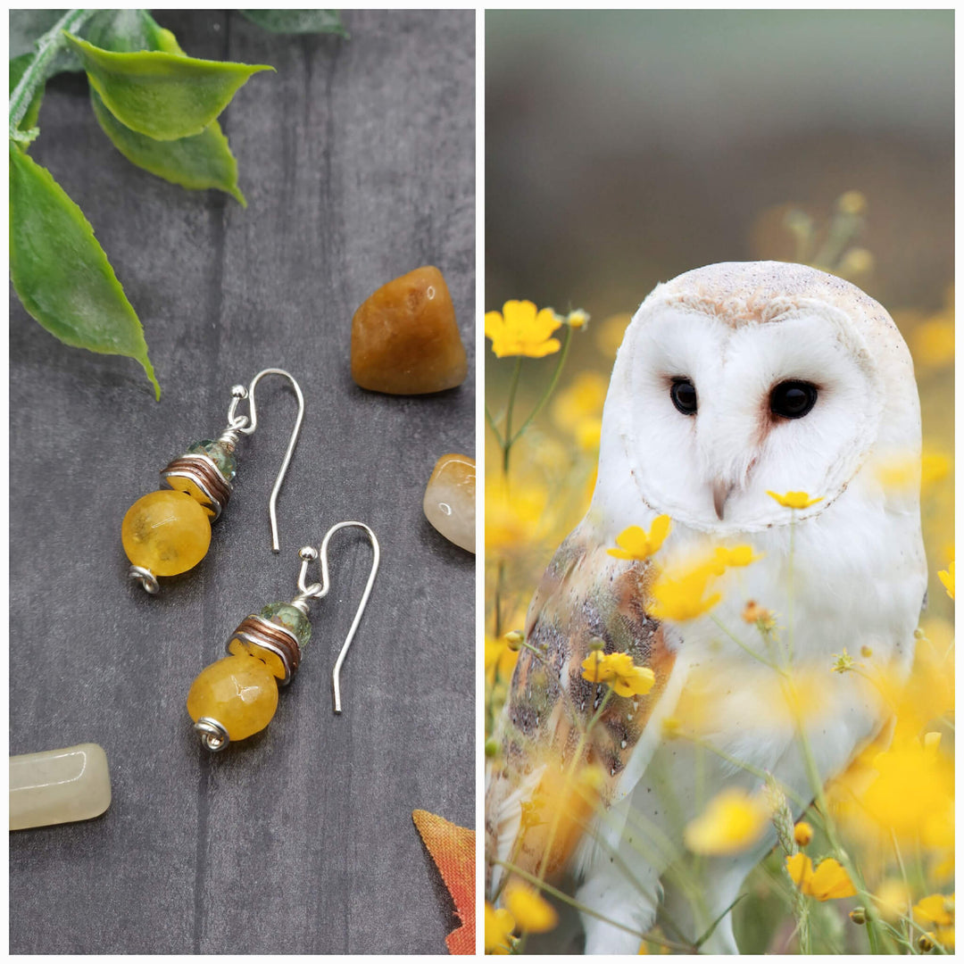 This is a collage style photo that displays the Barn Owl Earrings beside the inspiration photo of the Barn Owl.