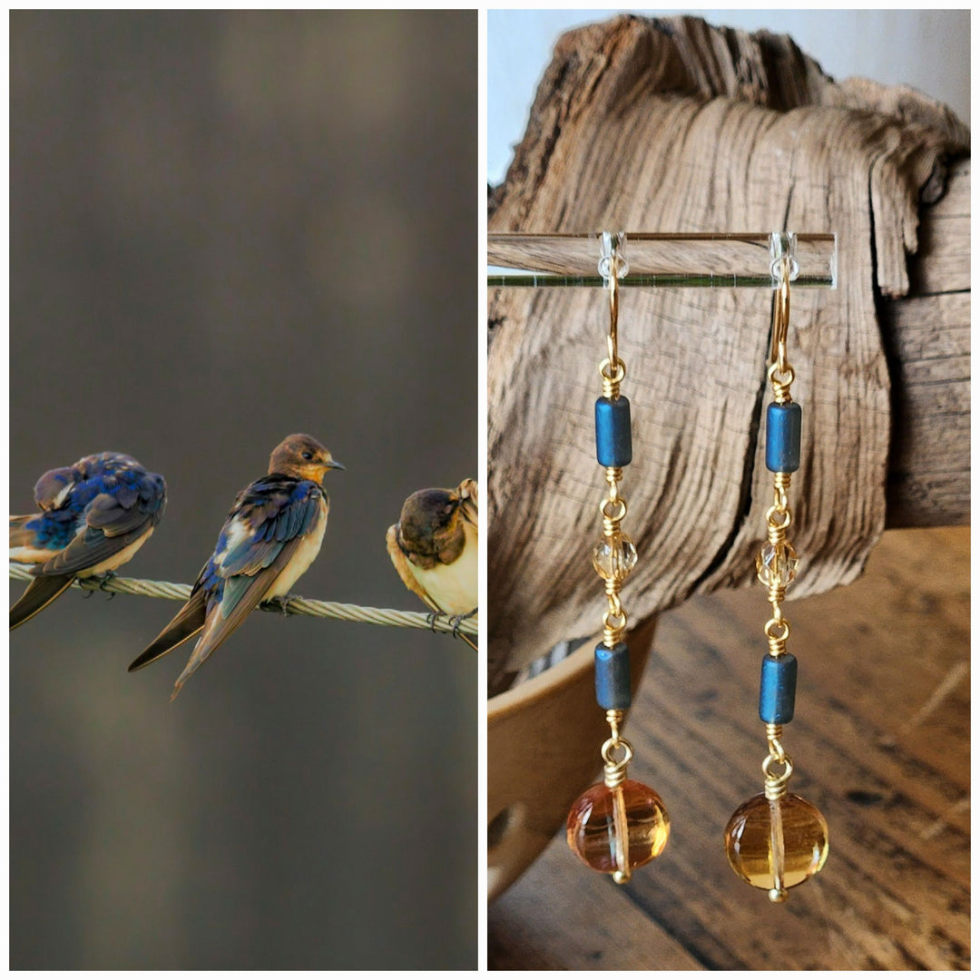 This is a collage style photo displaying the Barn Swallow earrings beside the inspiration photo. 