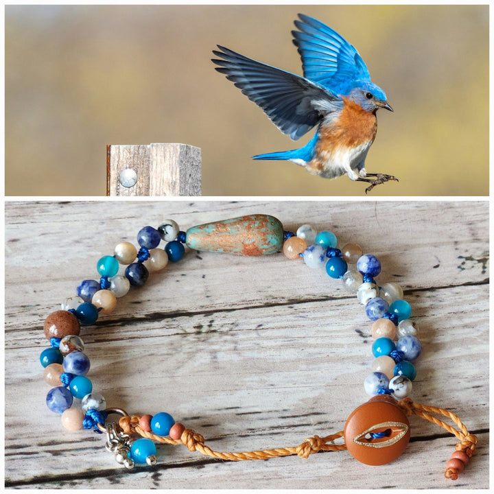 This is a photo displaying the Blue Brid in Flight Bracelet alongside the inspiration photo.