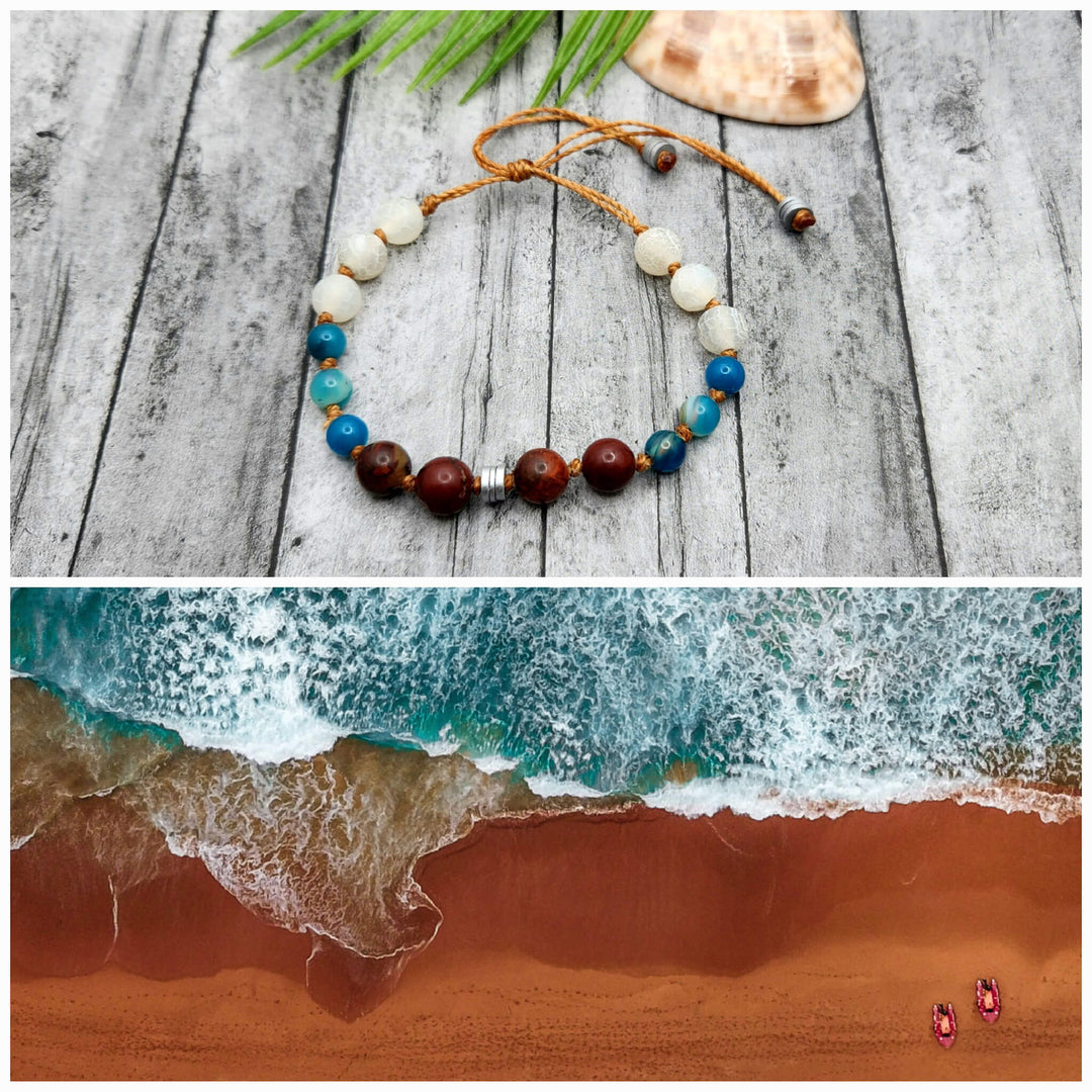 This is a collage style photo that displays the Crashing Waves Bracelet alongside its inspiration photo. 
