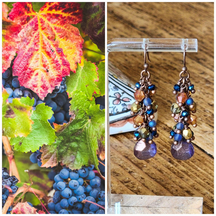 This is a photo displaying tne Grape Cluster Earrings alongside it's inspiration photo.