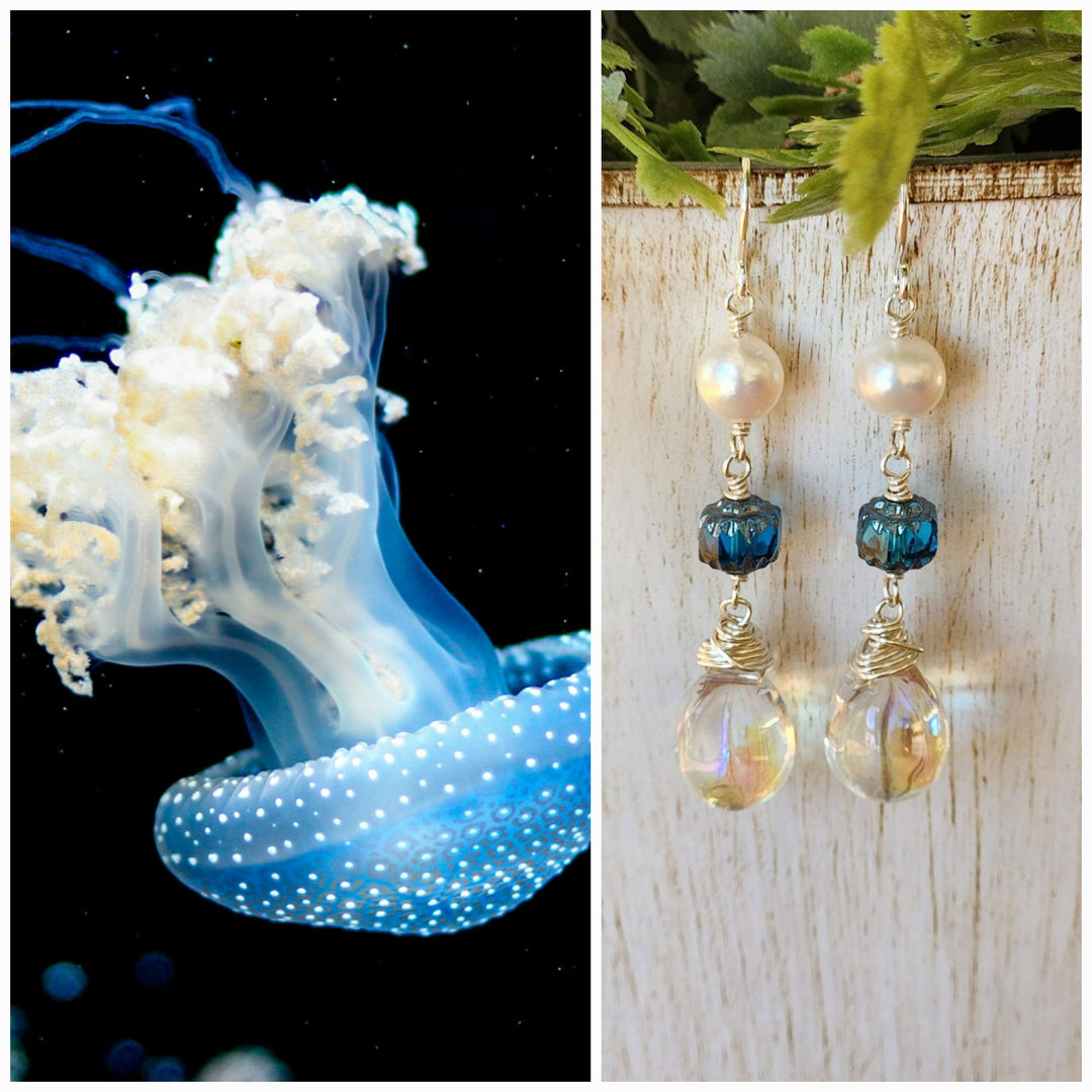 This is a collage style photo displaying the Jellyfish Earrings alongside the inspiration photo. 