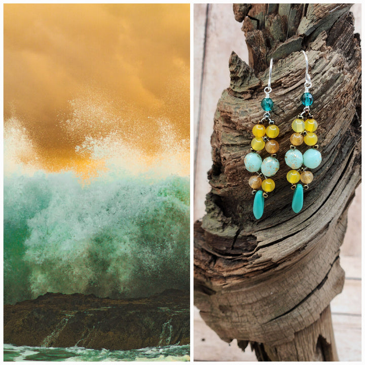 This is a collage style photo that displays the  Land, Sea, and Sky Earrings alongside the inspiration photo.