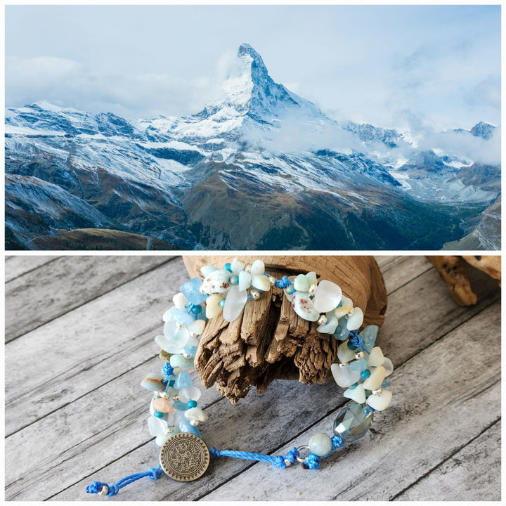 This is a collage style photo of the Matterhorn Mountain Bracelet alongside the inspiration photo.   