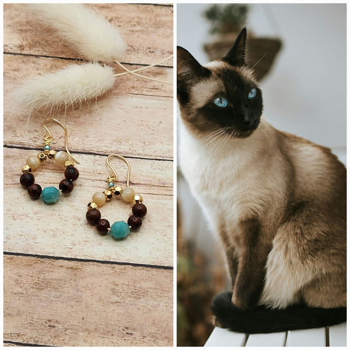 This is a collage style photo that displays the Siamese Cat Hoop Earrings alongside the inspiration photo.