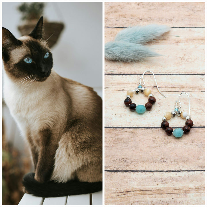 This is a collage style photo that displays the Siamese Cat Hoop Earrings alongside the inspiration photo.