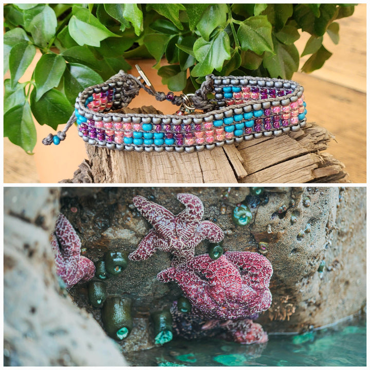 This is a collage style photo displaying the Starfish Loom Bracelet alongside the inspiration photo.