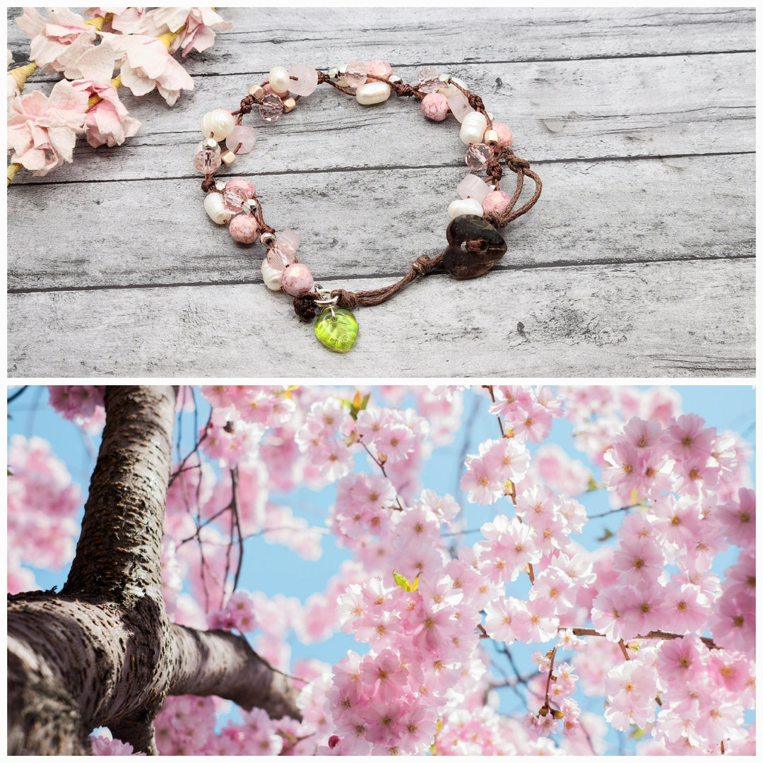In this collage style photo, the Cherry Blossom bracelet is displayed alongside the inspiration photo of cherry blossoms.   