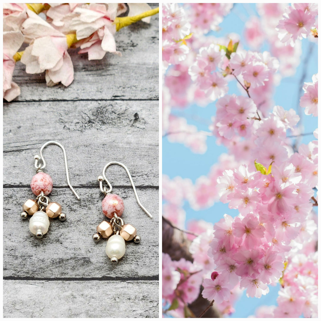 In this collage style photo, the Cherry Blossum Earrings are displayed alongside the inspiration photo of cherry blossoms.