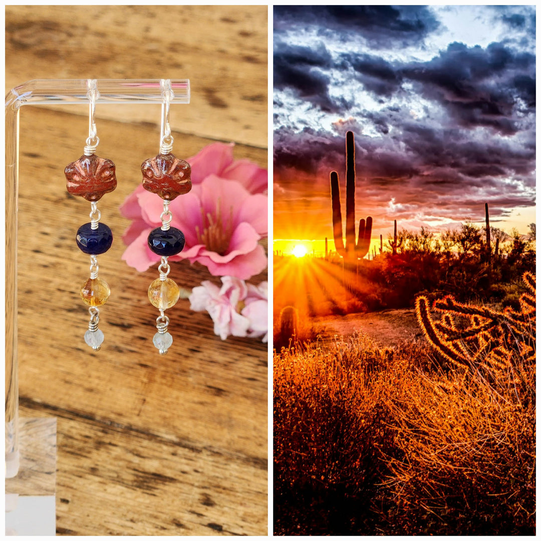 This is a collage style photo displaying the Sonoran Sunset Earrings alongside the inspiration    photo.