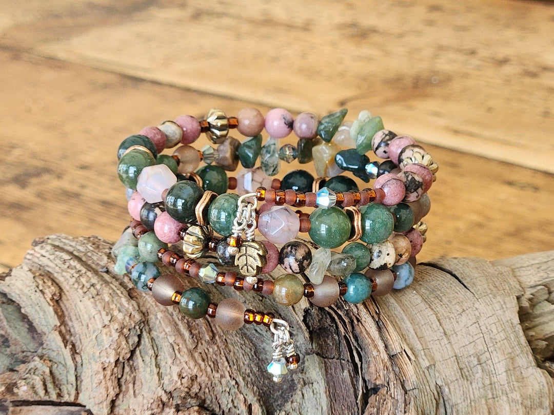 This photo showcases the beautiful collage of beads and textures that make up the Yosemite Valley Memory Wire Bracelet. 