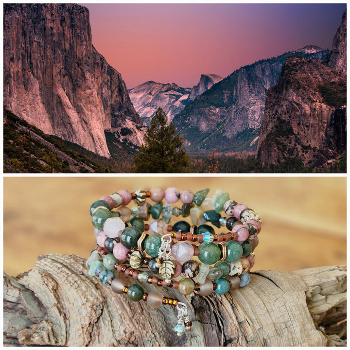 This is a collage style photo displaying the Yosemite Valley memory wire bracelet alongside the inspiration photo.     