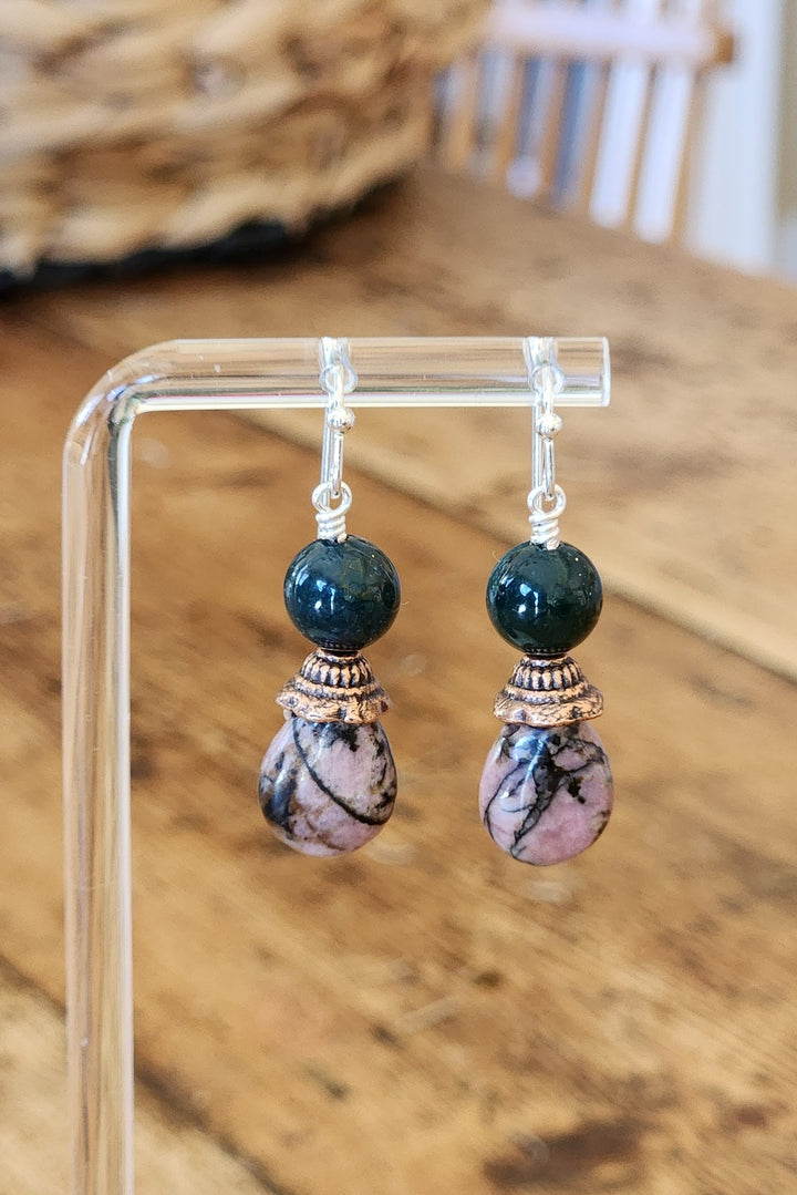 This photo of the Yosemite Valley Earrings highlights the rhodonite, and moss agate beads with a unique copper colored bead cap.   