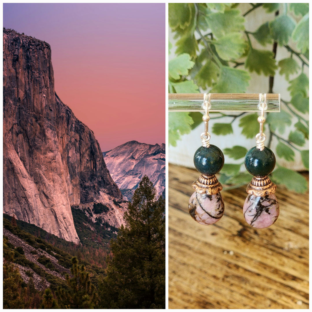 This is a collage style photo displaying the Yosemite Valley Earrings alongside the inspiration photo.    